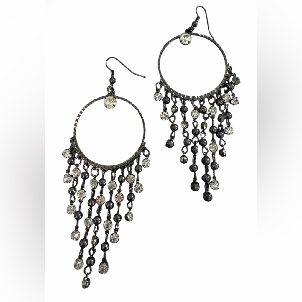 755 Black Gunmetal Rhinestone Fringe Hoop Earrings